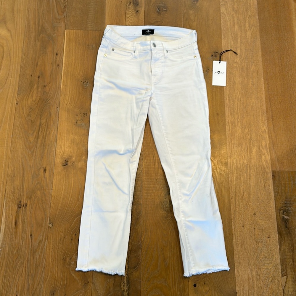 7 for all Mankind Roxanne Mid Rise white denim jeans size 27 cigarette fray $169
